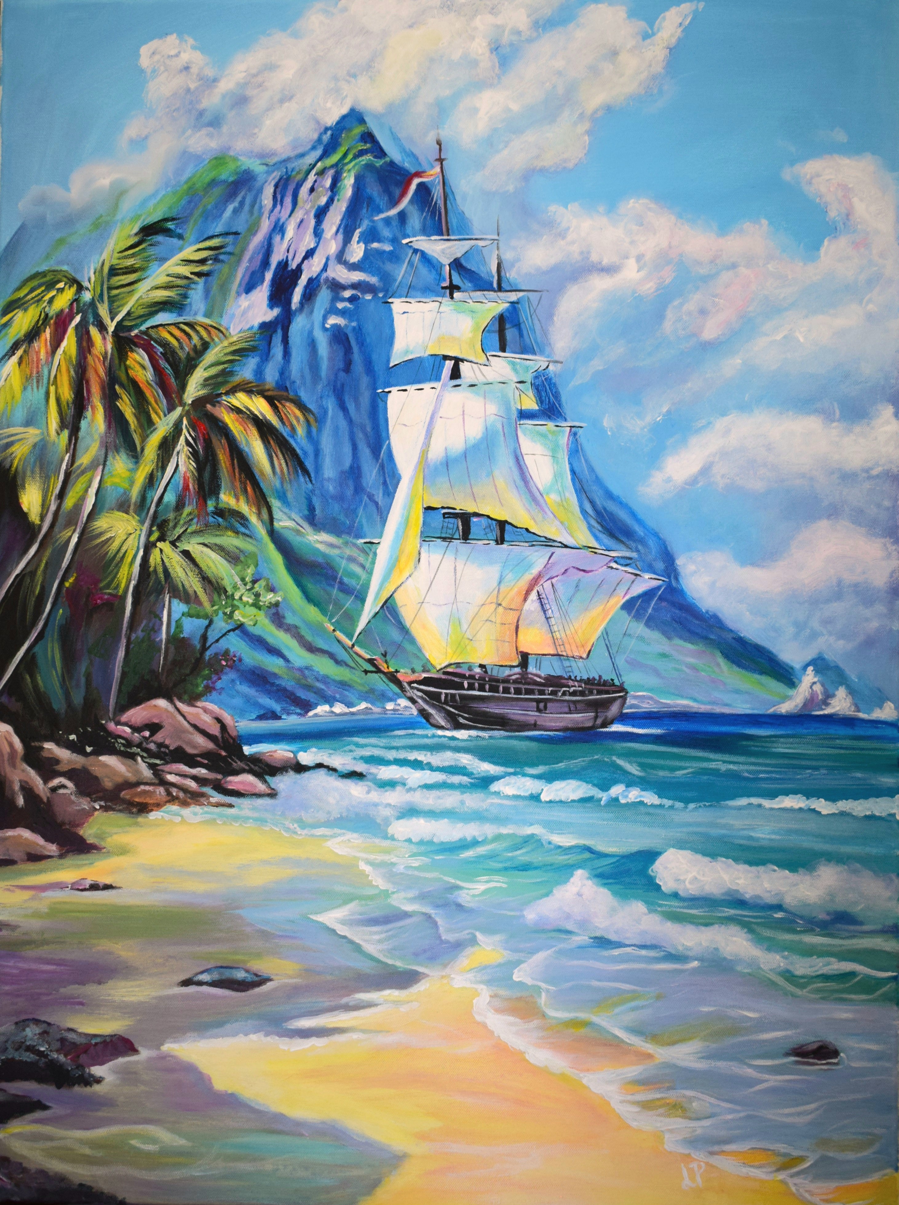 Üppige Landschaften und Meeresbrisen: Ein tropischer Rückzugsort,  Original Gemälde 60x80cm/ 23.7x31.5´