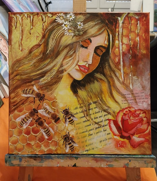 Bienenkönigin,  Frauenporträt Fantasie Original Gemälde, 40x40cm/ 15.7x 15.7inch